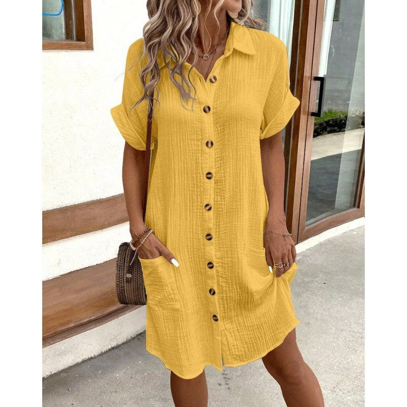2025 AliExpress wish Amazon hot summer simple V-neck button cotton and linen dress women's shirt dress