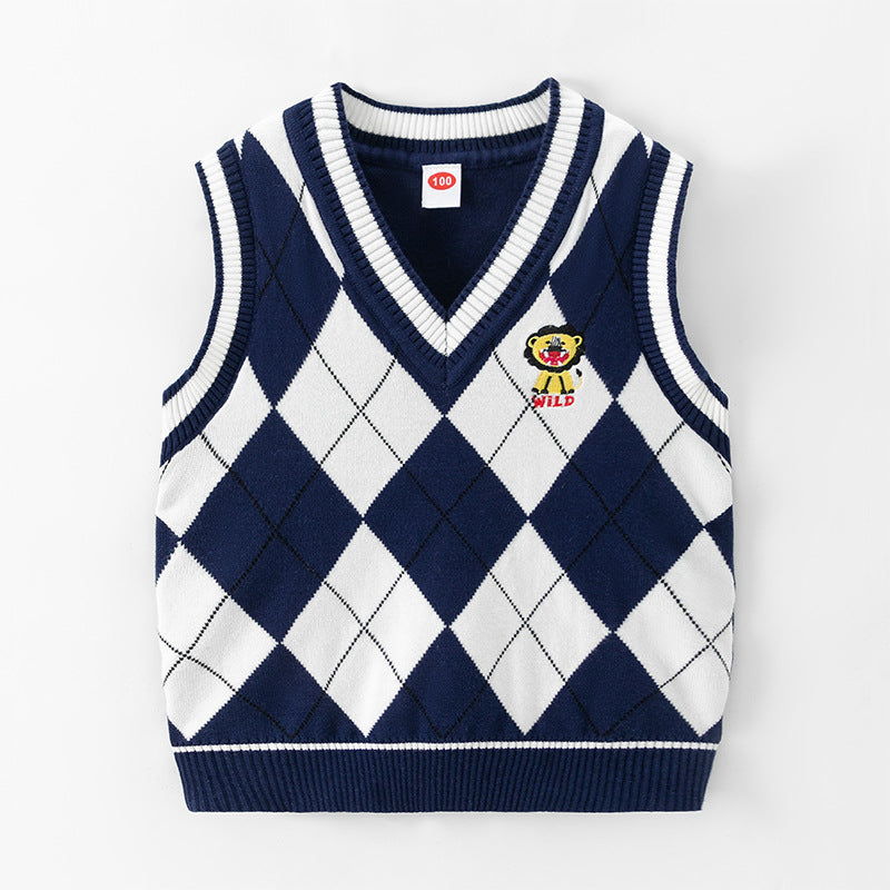 Children's knitted vest 2025 autumn and winter new boys' hair academy wind cord vest baby V neck sleeveless sweater trend