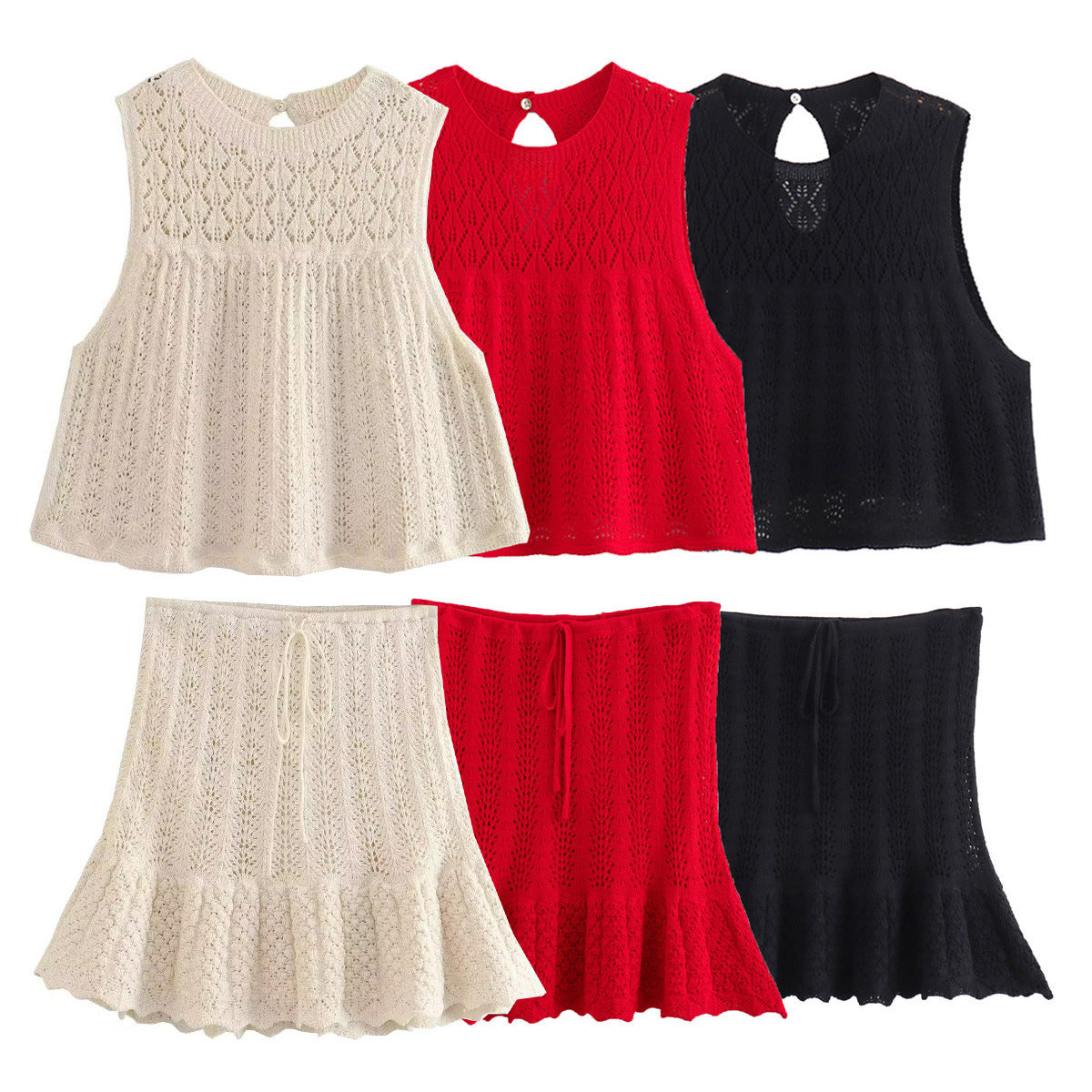 2024 European and American fashion casual knitted vest cut-out top + knitted high-waisted skirt 8LS2645
