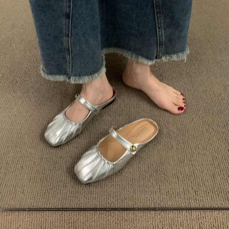 Silver flat toe semi-slippery sandals for women's spring and autumn high-end sense in summer, wearing Mary Jane Muller with skirt and single shoes