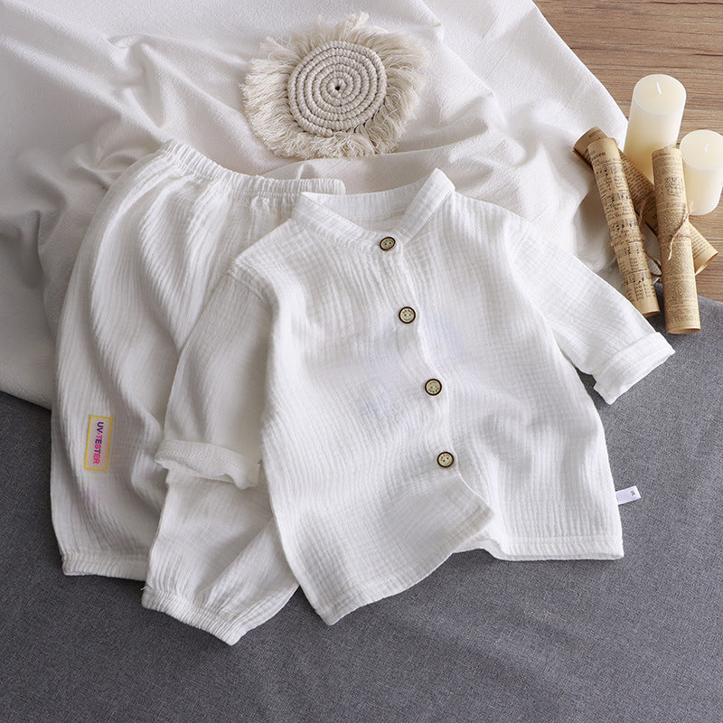 Children's stand-up collar cotton yarn set summer thin boys and girls cotton loungewear baby gauze air-conditioned clothing children's clothing