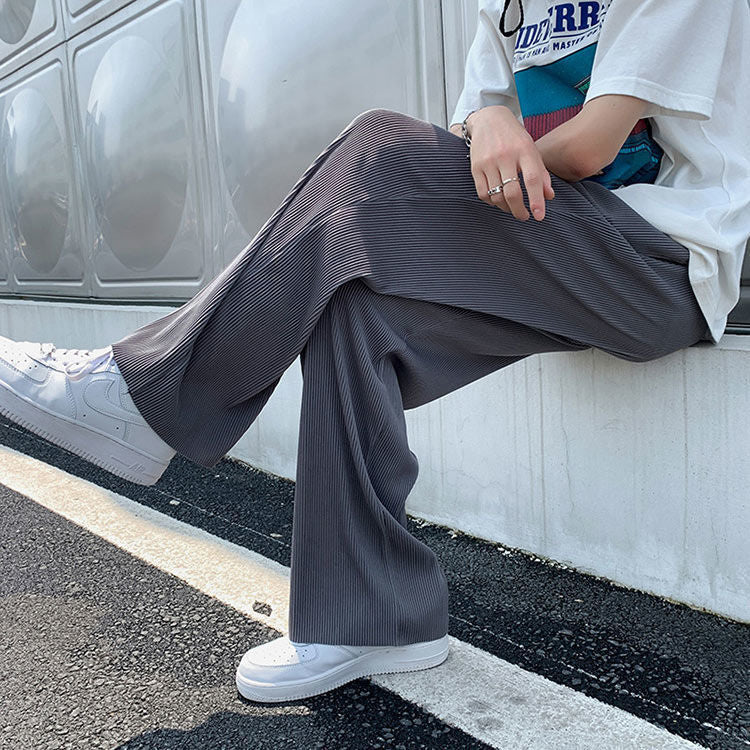 Casual pants men's summer ice silk stripe ultra-thin breathable sports stretch loose straight drape feeling wide-leg trousers