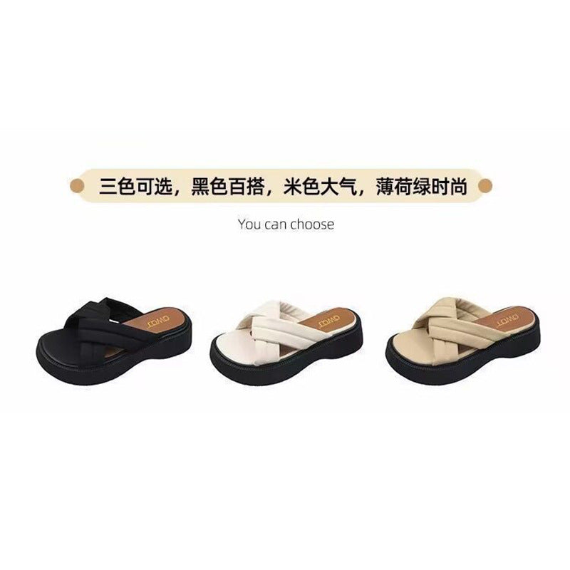 2025 new flatcake thick-soled heightened beach flip-flops fashion ladies fairy sandals support one drop shipping