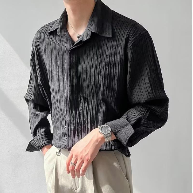 Textured tops Korean version loose casual long-sleeved shirt men's trendy handsome striped non-ironing shirt autumn