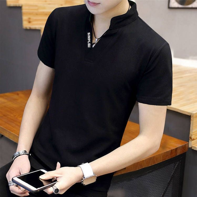 Summer men's V-neck short-sleeved T-shirt, ice elastic base shirt, solid color, European and American simple slim small stand-up collar versatile shirt