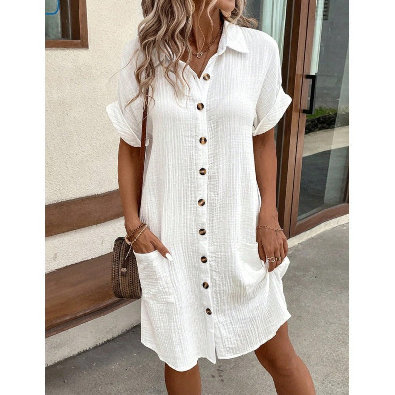 2025 AliExpress wish Amazon hot summer simple V-neck button cotton and linen dress women's shirt dress