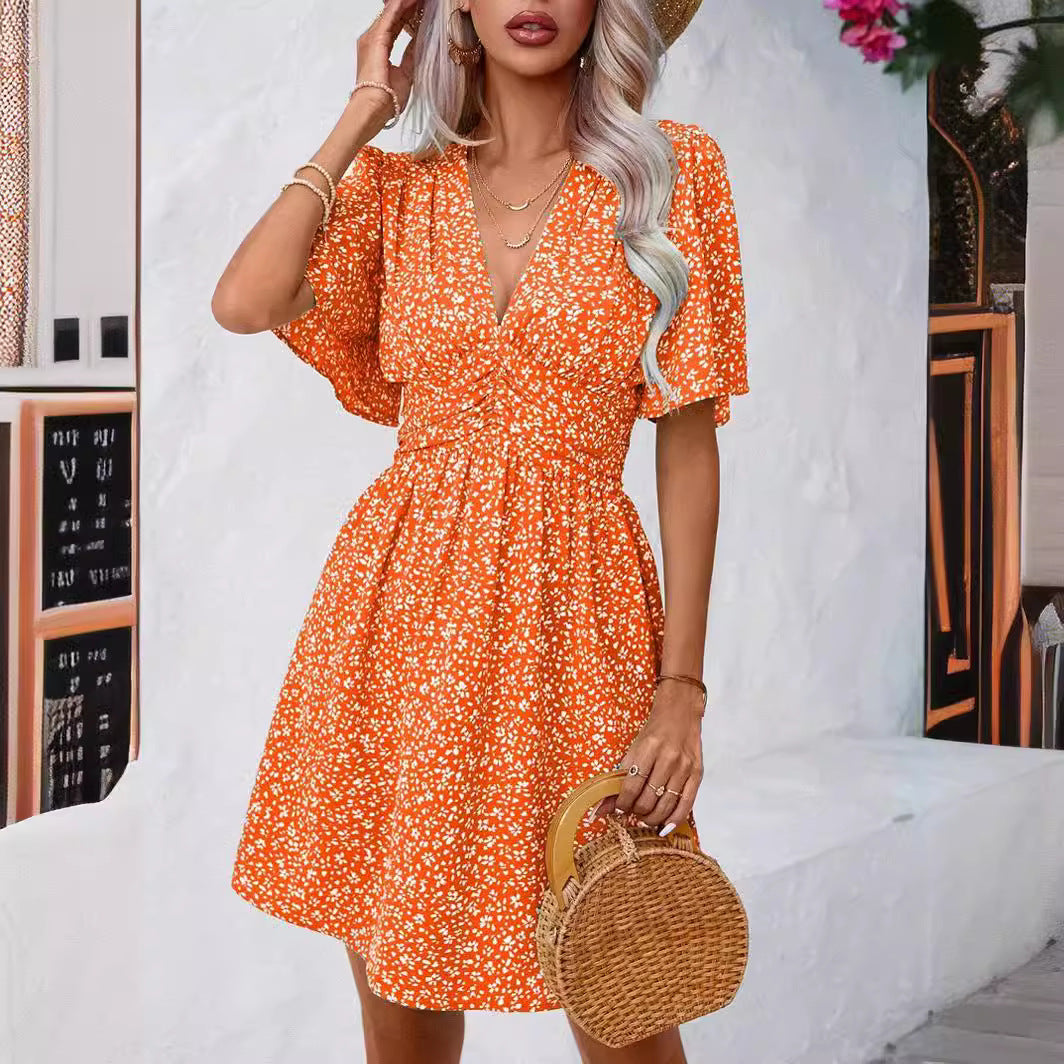 2025 European and American Amazon cross-border women's summer new V-neck mid-sleeve printed high-waisted floral pleated dress