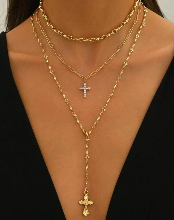European and American cross-border hip hop ins diamond cross pendant long necklace personality multi-layer clavicle chain female wholesale