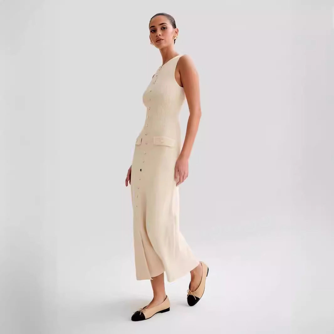 2024 summer new European and American style temperament sleeveless round neck slim knit dress