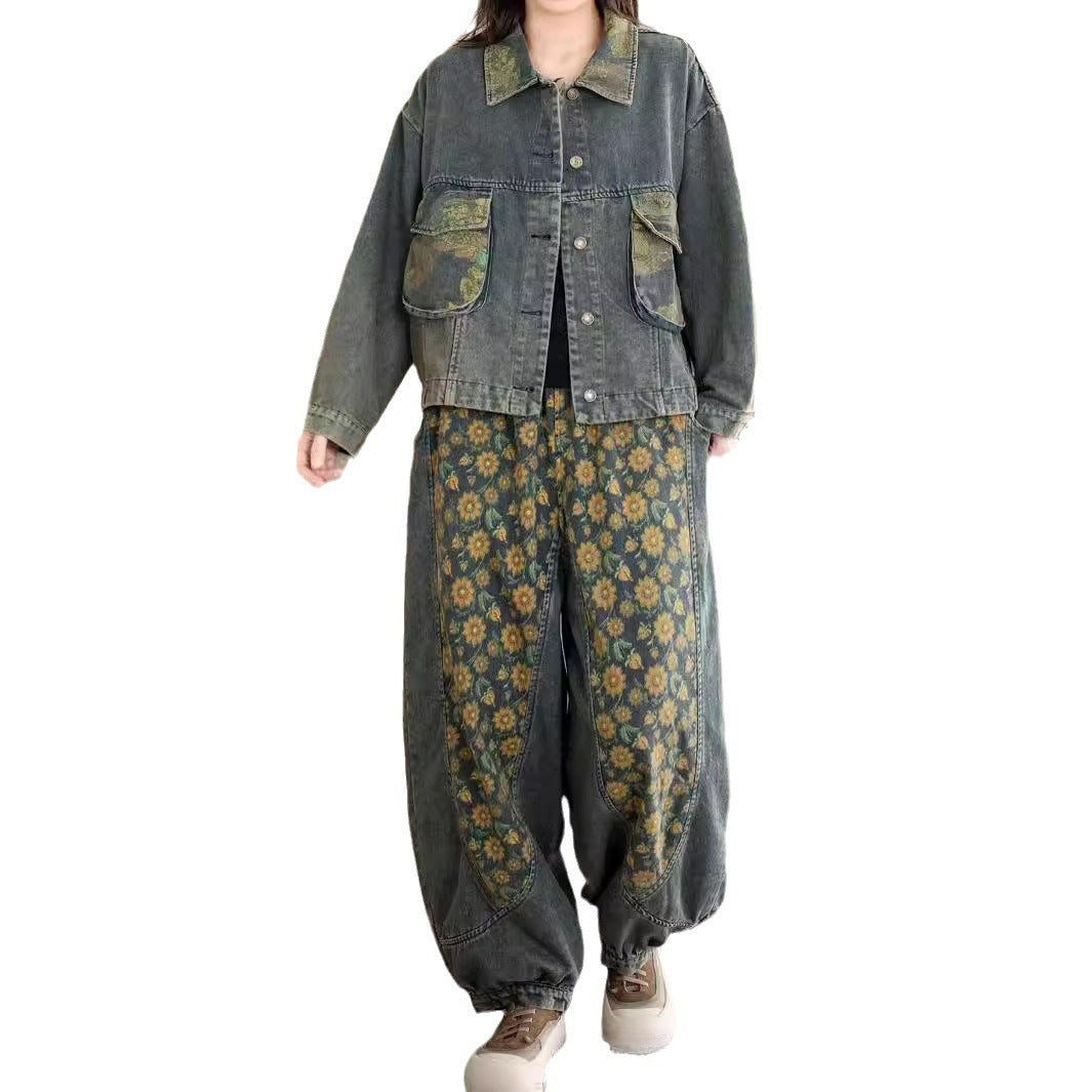 Fall 2024 vintage embroidered floral denim suit lapel cardigan with large pockets elasticated waist baggy jeans