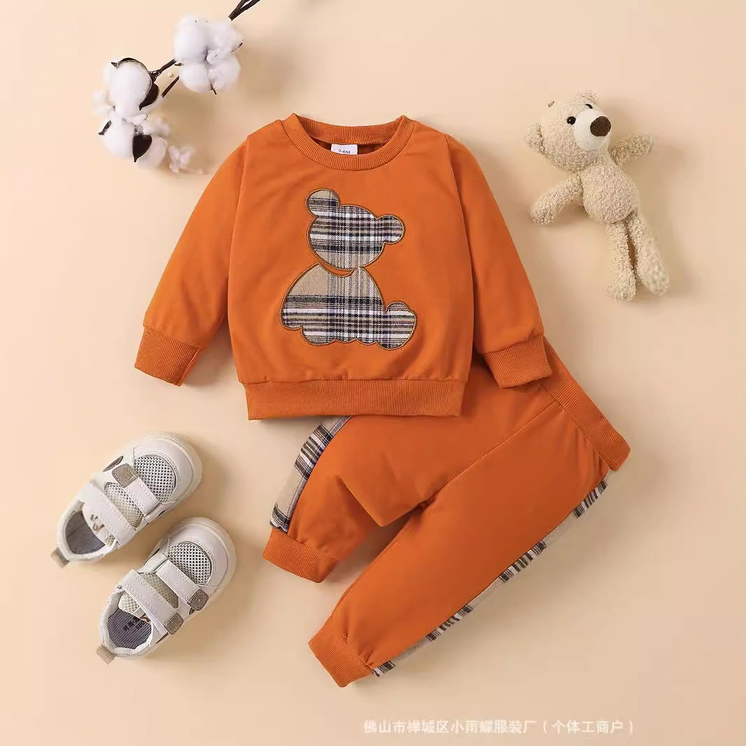 Cross-border INS Amazon 2024 new explosive baby plaid bear embroidered sweatshirt set fashionable