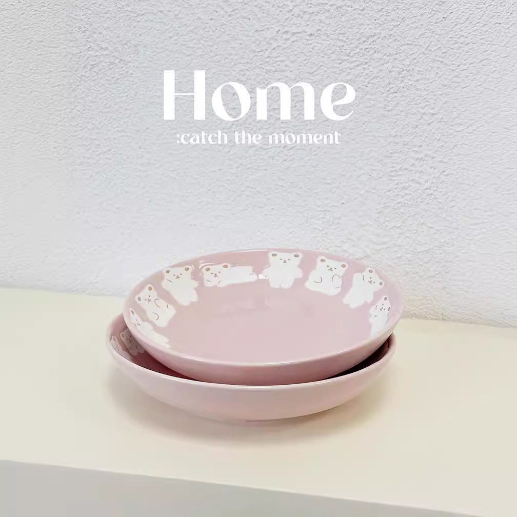 Girl's heart Internet celebrity bear ceramic bowl plate ins Harajuku style cute relief dinner plate home breakfast plate dessert plate