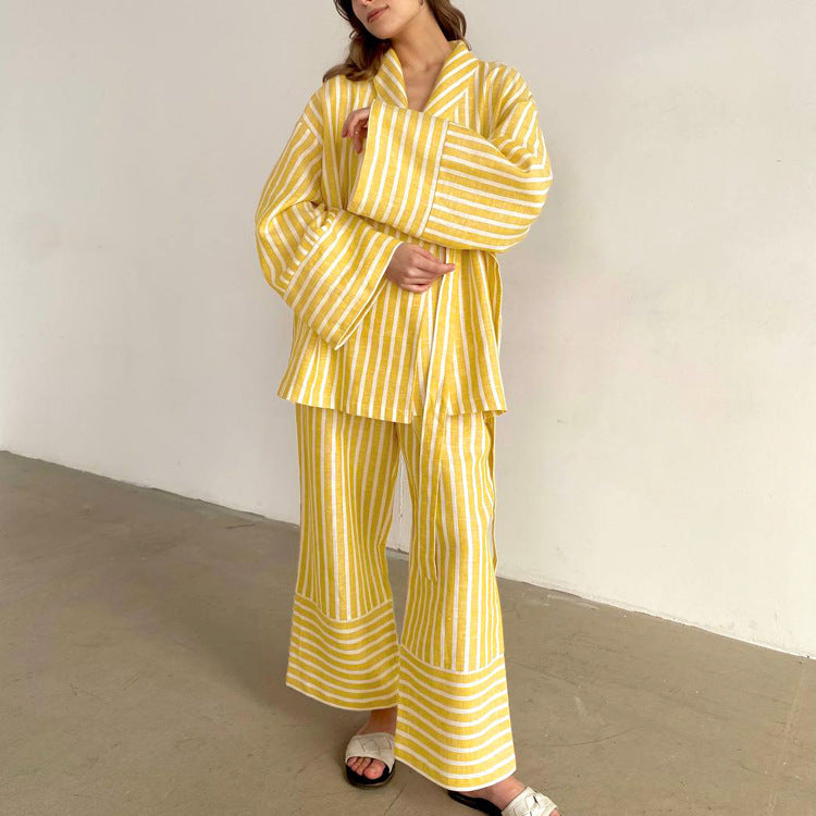European and American women's clothing 2025 autumn new striped long sleeve loose lace-up top, high waist trousers, fashion casual suit