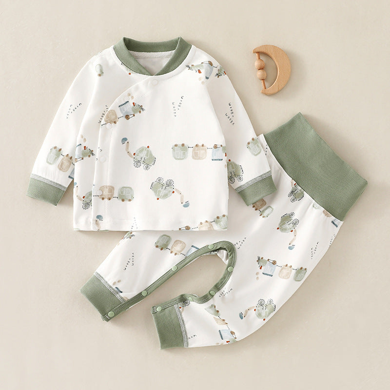 Infant high-waisted suit spring and autumn belly protection two-piece pajamas baby loungewear Class A cotton bottom layer