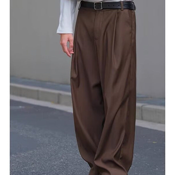 American brown trousers, men's loose straight-leg long pants, casual and versatile, commuter suit pants, wide-leg cargo pants, dad pants