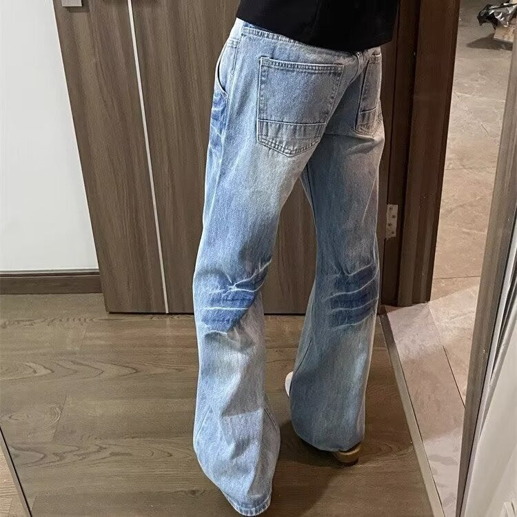 Niche crack design washed light blue jeans, men's American trend, casual and versatile, loose straight leg trousers