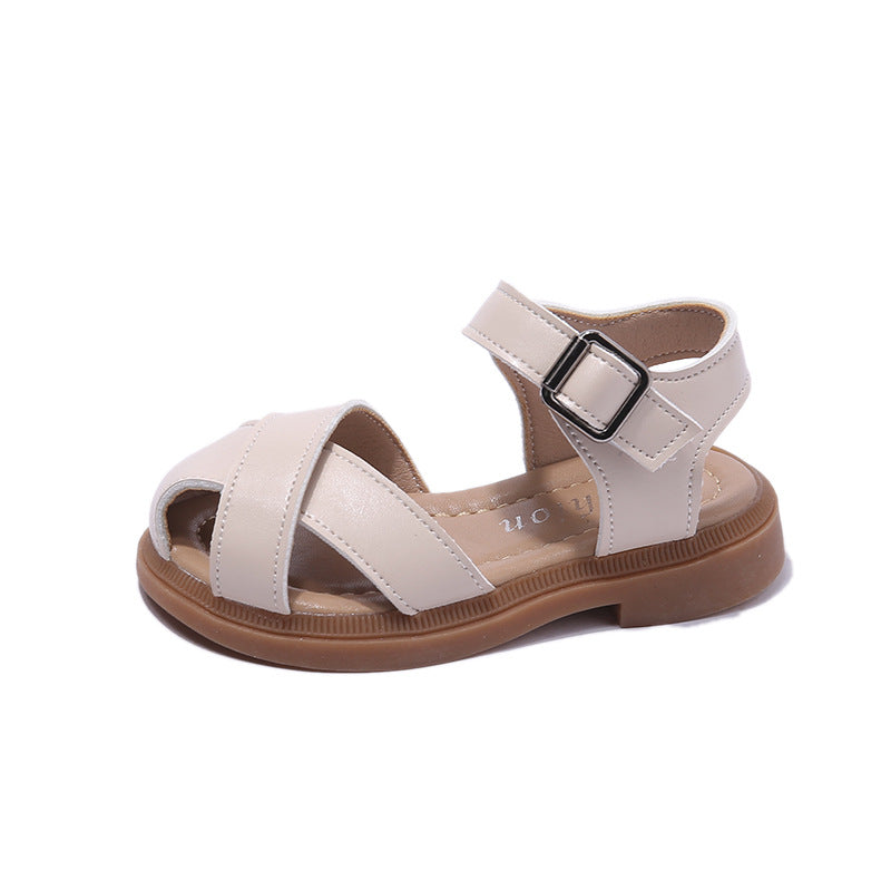 Children's Sandals 2024 Summer New Girls' Toe Soft Sole Sandals Korean Version Girls' Solid Color Flat Fashion Beach Shoes