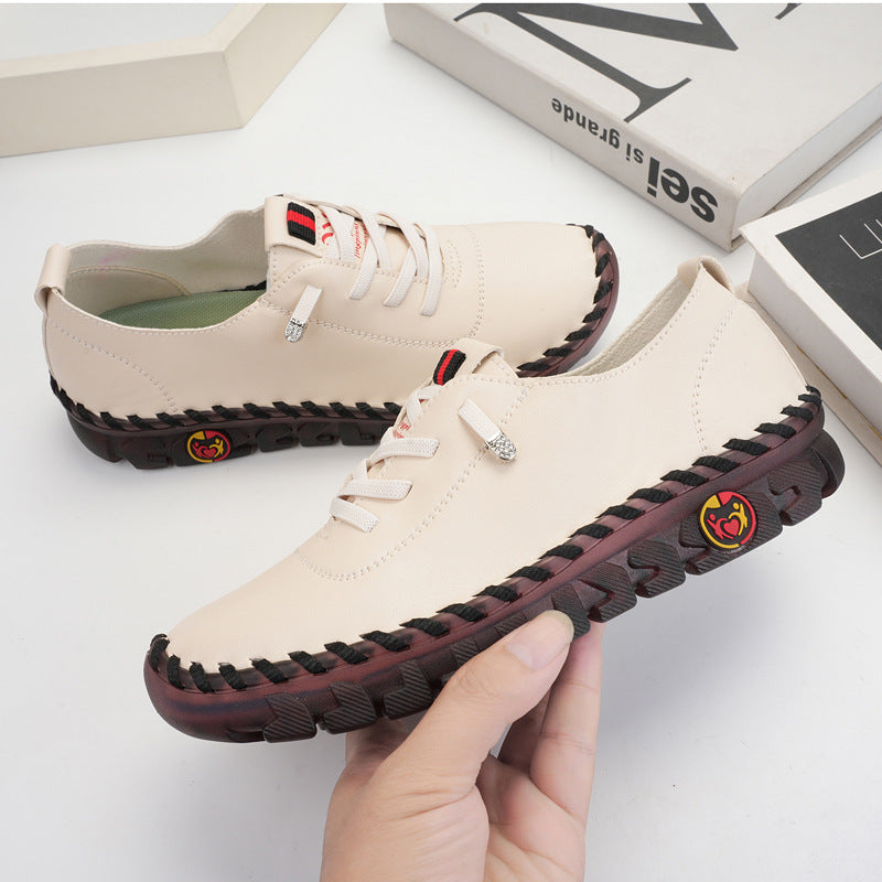Cross-border foreign trade 2023 hand-stitched microfiber leather mom shoes casual shoes wear-resistant flat shoes 44 plus size women's shoes