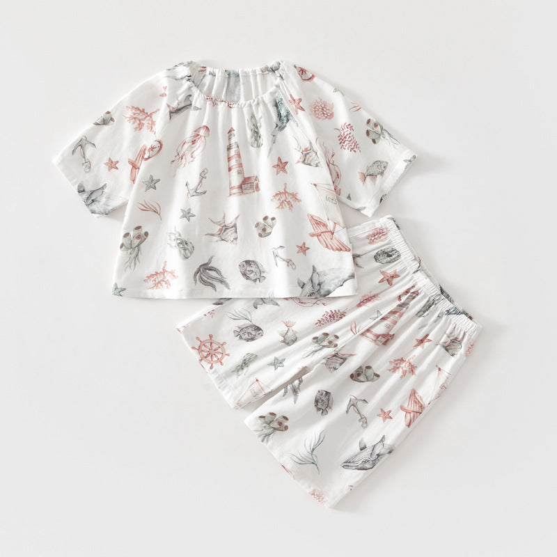 Korean vintage floral pajamas baby print casual two-piece summer new gauze set baby loungewear