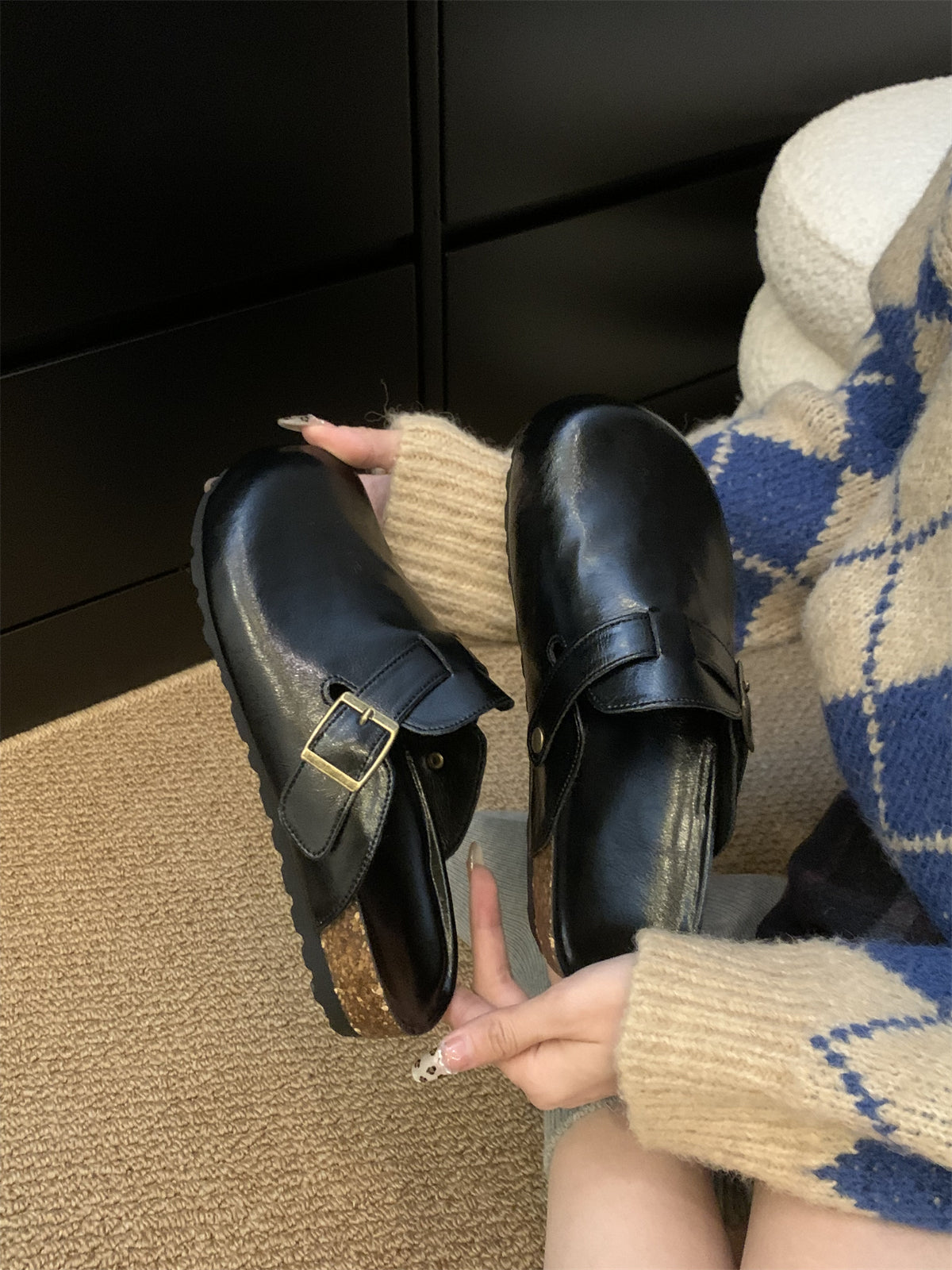 Thick-soled BirkenstocksWomen's ShoesWrap-toe-Semi-SlippersWear Fall/Winter 2024 Black Small Leather ShoesBoken Shoes