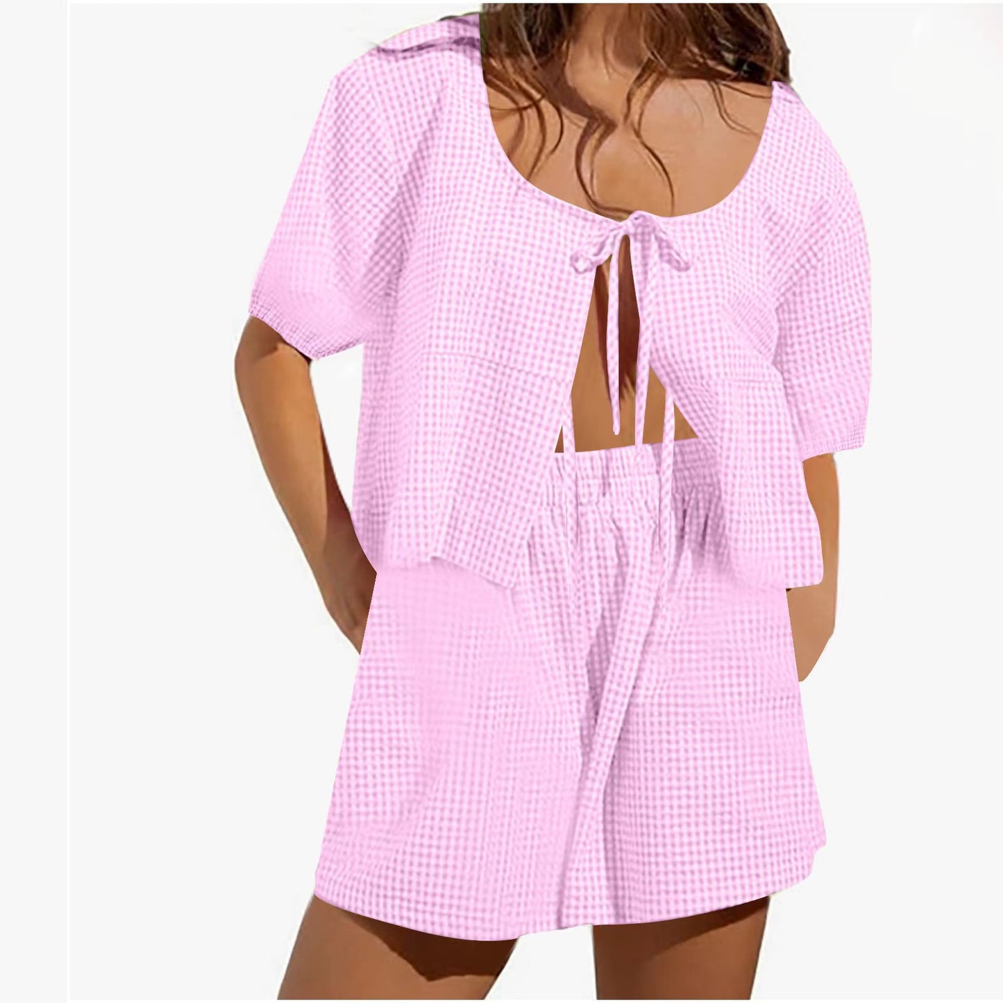 2024 Europe and America Foreign Trade Summer Lace-up Plaid Top Set Casual Loose High Waist Wide Leg Pants Women's Women's Short Sleeve