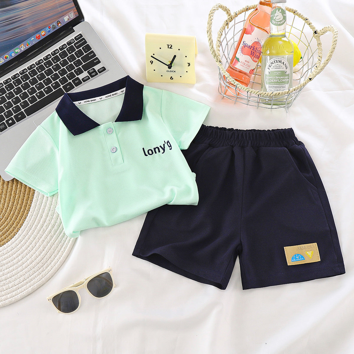 Children's Summer Short Sleeve Shorts Set 2025 New Medium and Large Kids Lapel T-Shirt Big Kids Children's Clothing Two Piece Set Wholesale