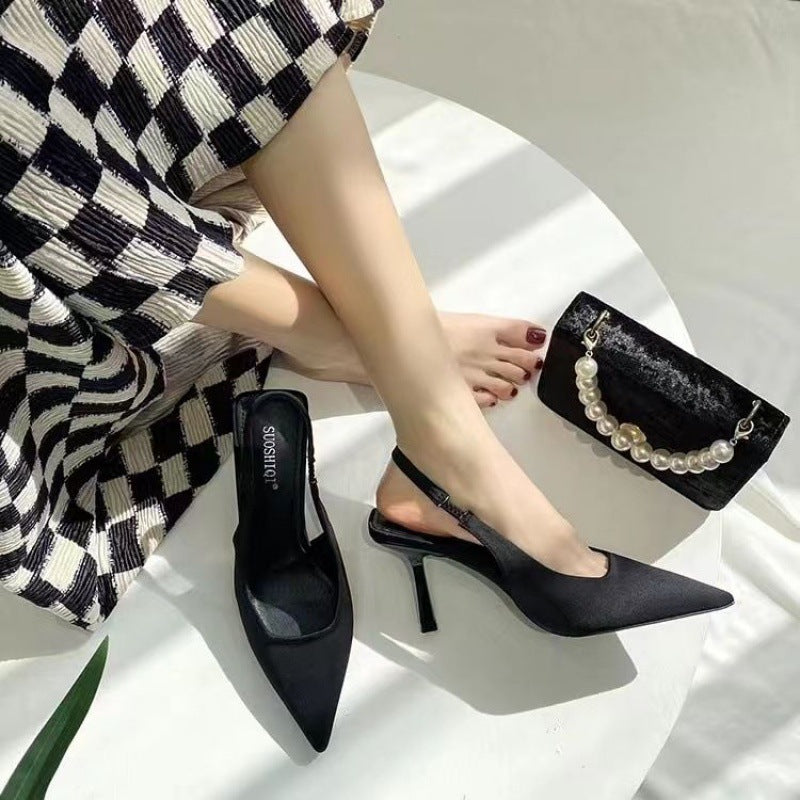 2024 Shallow Women's New Stiletto Sandals Solid Color Pointed Toe Back Empty Tie Toe Toe Solid Color Fashion High Heels