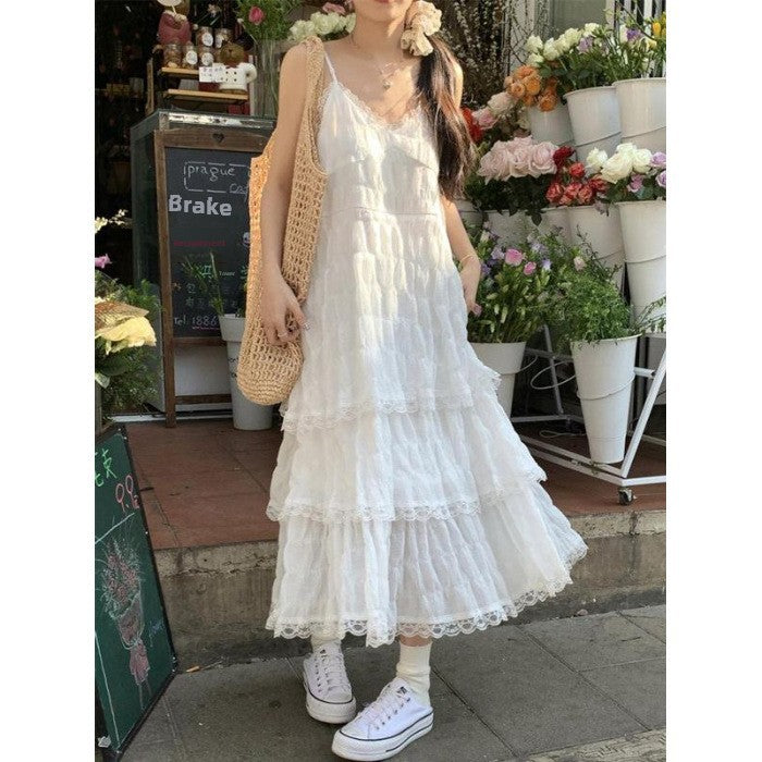 Sweet age reduction white french slip dress women's summer resort style small man loose cake long skirt