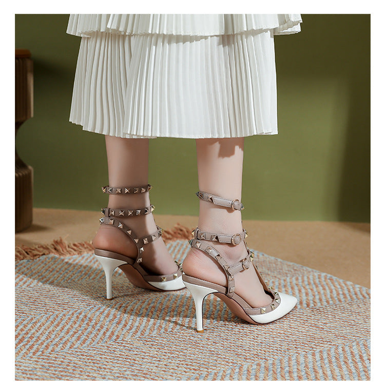 High version studded pointed-toe high heels summer 2025 European and American sexy willow ding stiletto heel three-ring strappy sandals women