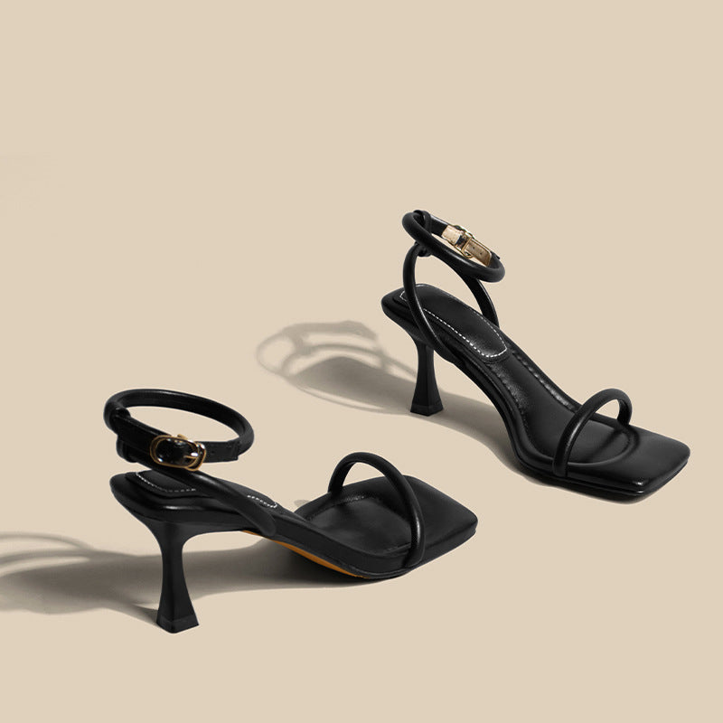 It's so soft ~ stepping on, square toe, open toe, strap, fashion, stiletto sandals, women's summer, white high heels, Roman shoes
