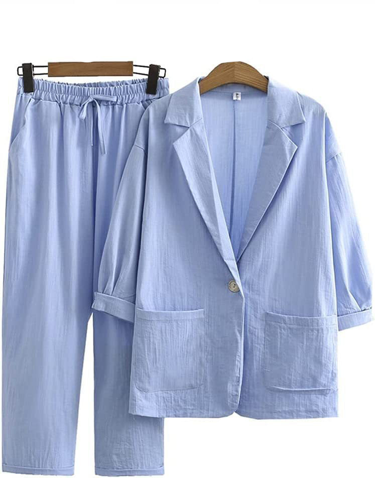 2025 European and American New Women's Autumn Commuter Suits Cotton and Linen Jacket Pants Pockets Loose Fashion Casual Wear