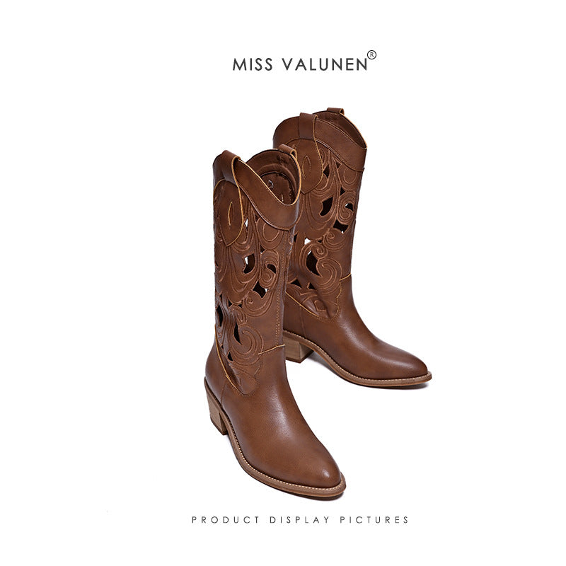 Miss Valunen boots summer cut-out western cowboy boots women's vintage embroidery boots