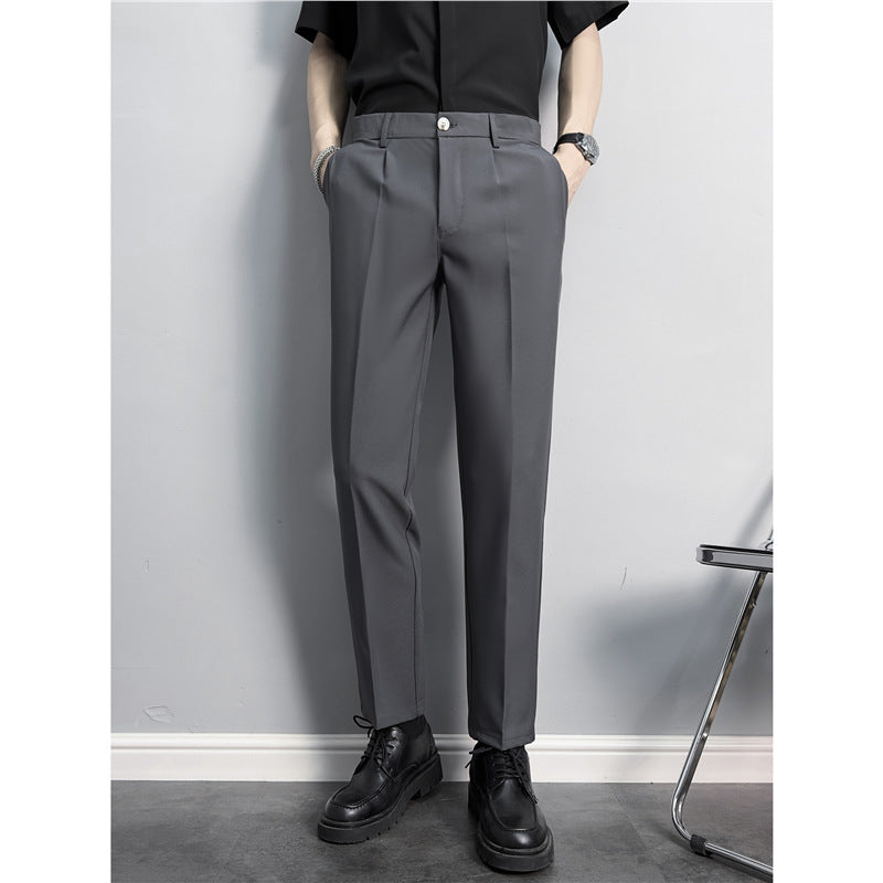 Slim fit, straight, anti-wrinkle suit trousers, men's non-iron, business casual pants, high-end drape, black cropped trousers