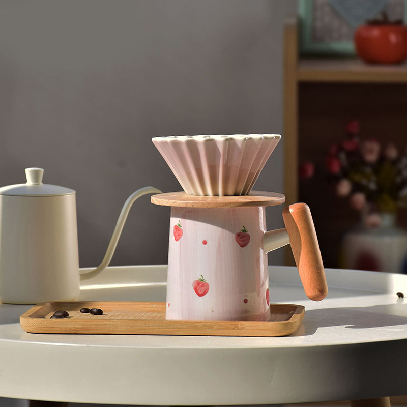 High-value hand-painted pink ceramic wooden handle hand pour-over grinder coffee set origami small V60 coffee filter cup