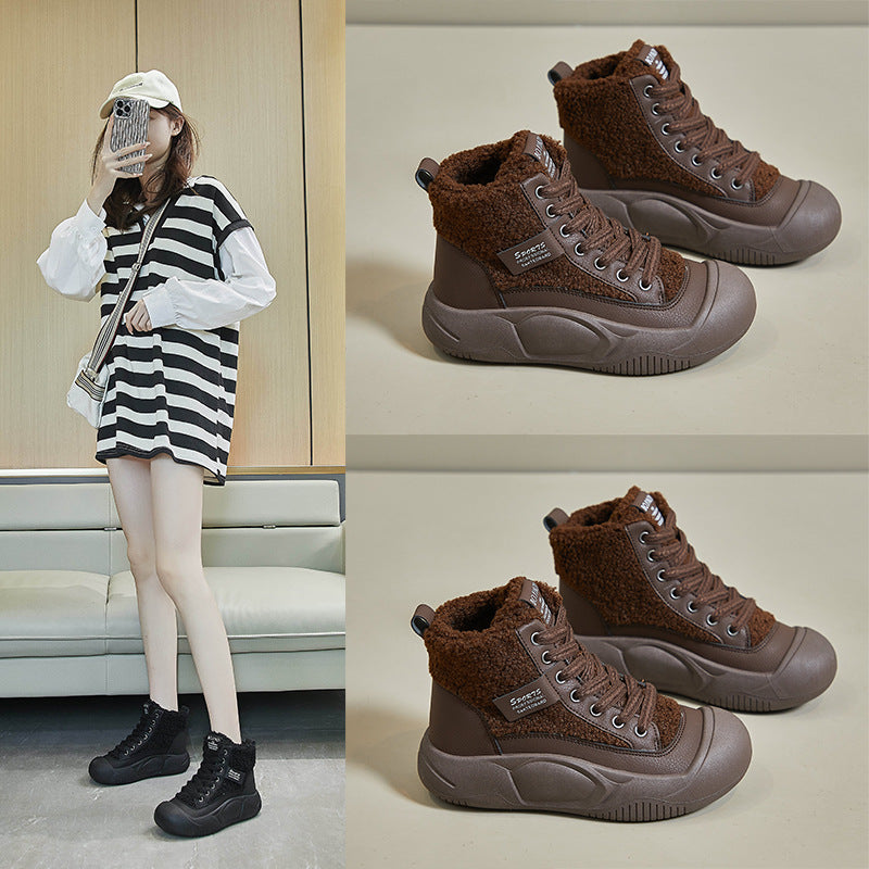 2024 winter fleece white shoes new Korean version ins schoolgirl thick-soled heightened sports board shoes casual XFL28