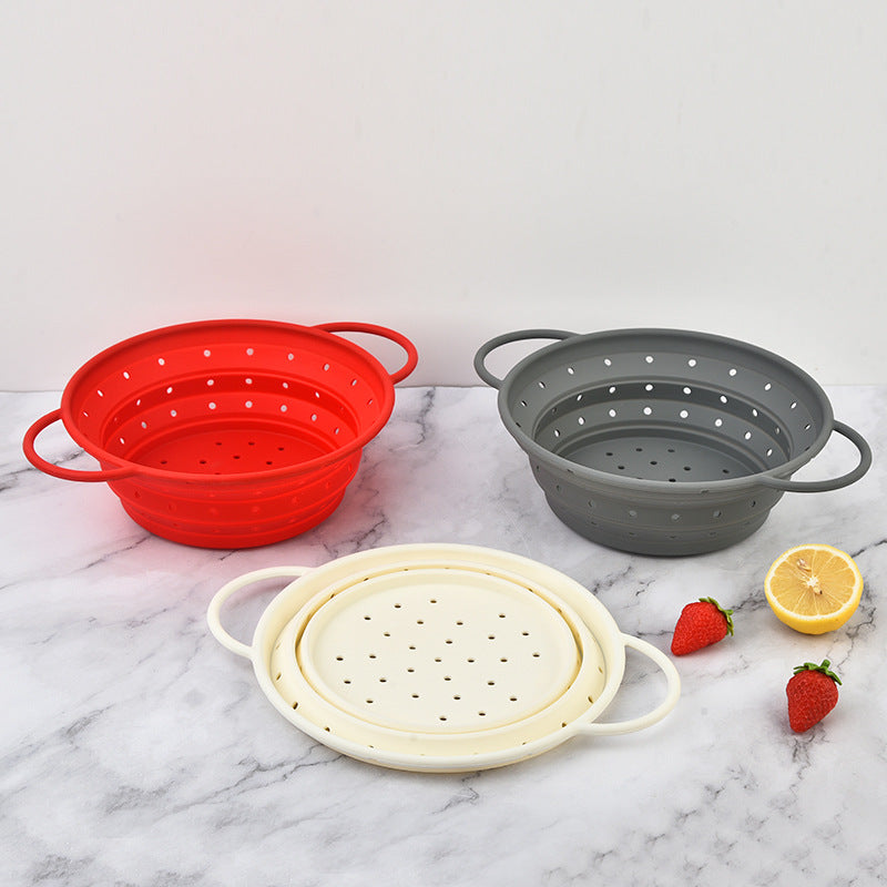 Manufacturer Wholesale Silicone Folding Drainage Basket Household Washing Fruit Basket Round Vegetable Washing Basin Fruit and Vegetable Basket Kitchen Tools