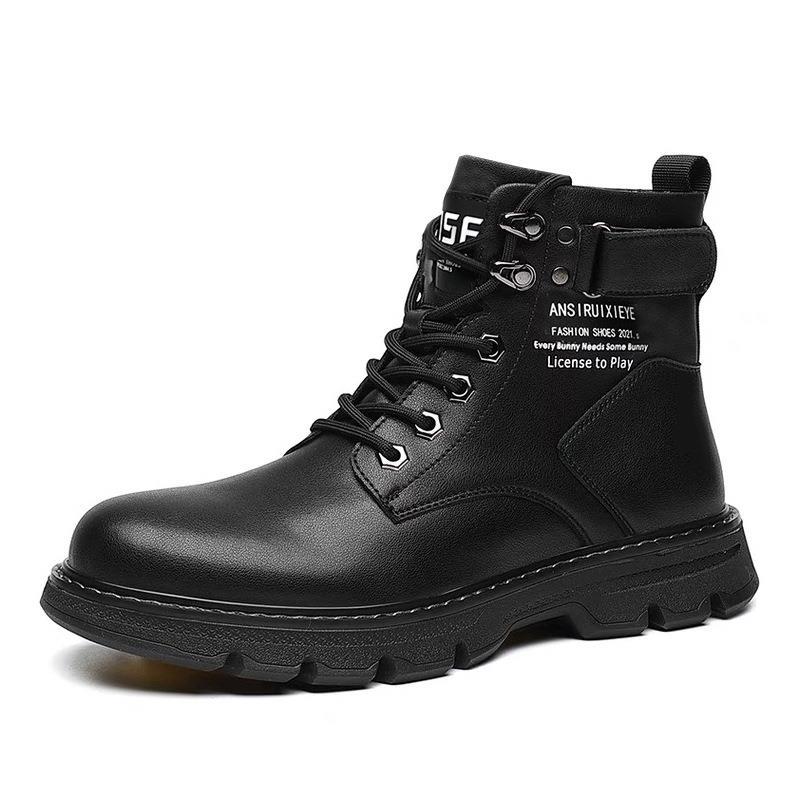 2022 New Fall/Winter Fleece Martin Boots Men's Mid-Top British Casual Platform Black Cargo Leather Boots