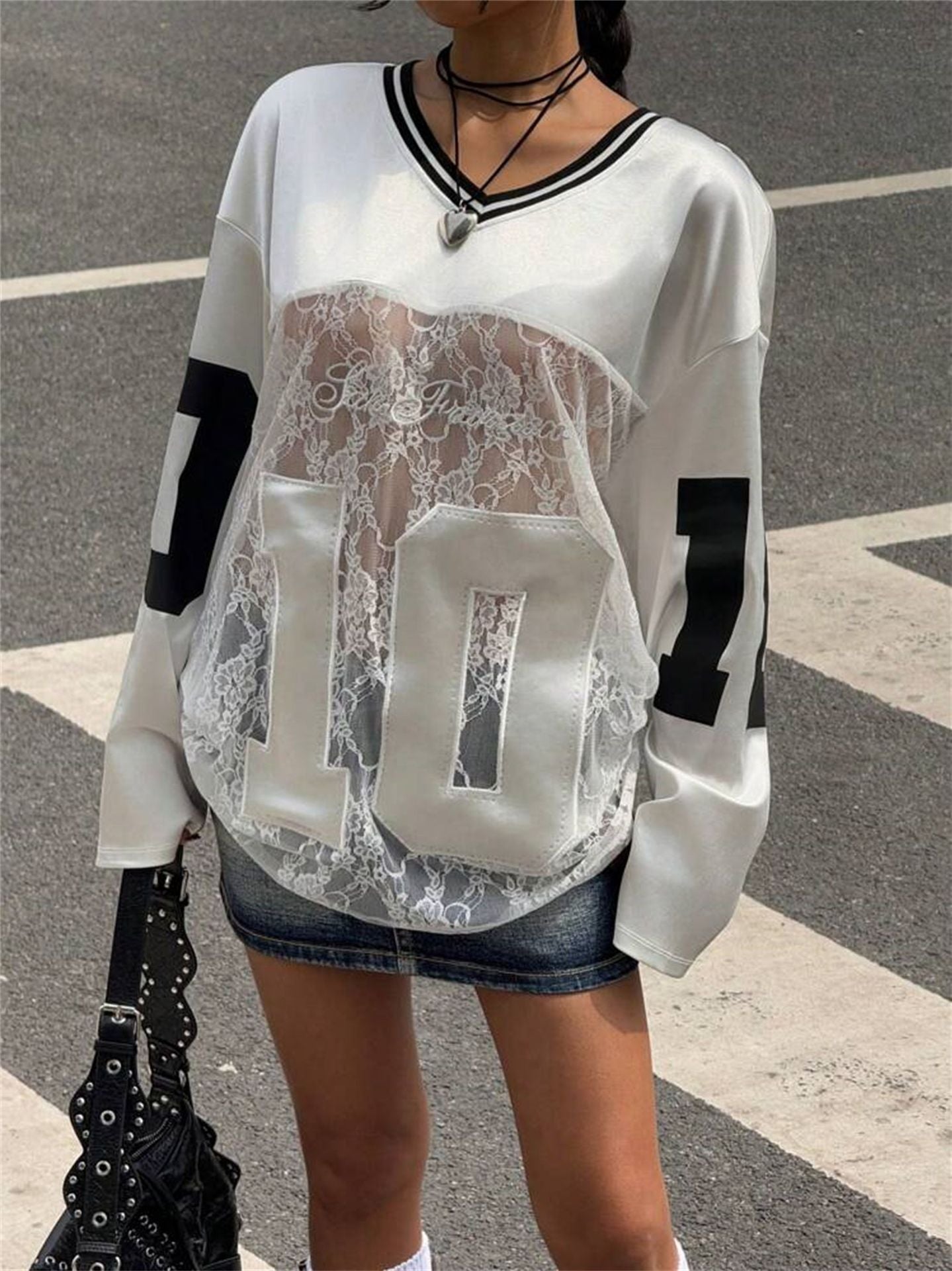 European and American summer new women's clothing, cross-border foreign trade, personality trendy style, printed lace, see-through V-neck sweatshirt
