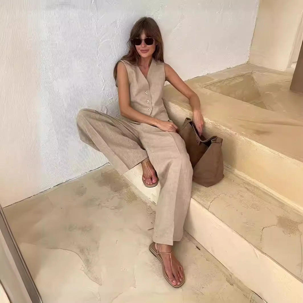 Cross-border vest casual pants two-piece set European and American spring and summer 2025 new women's fashion sleeveless vest low-waisted pants set