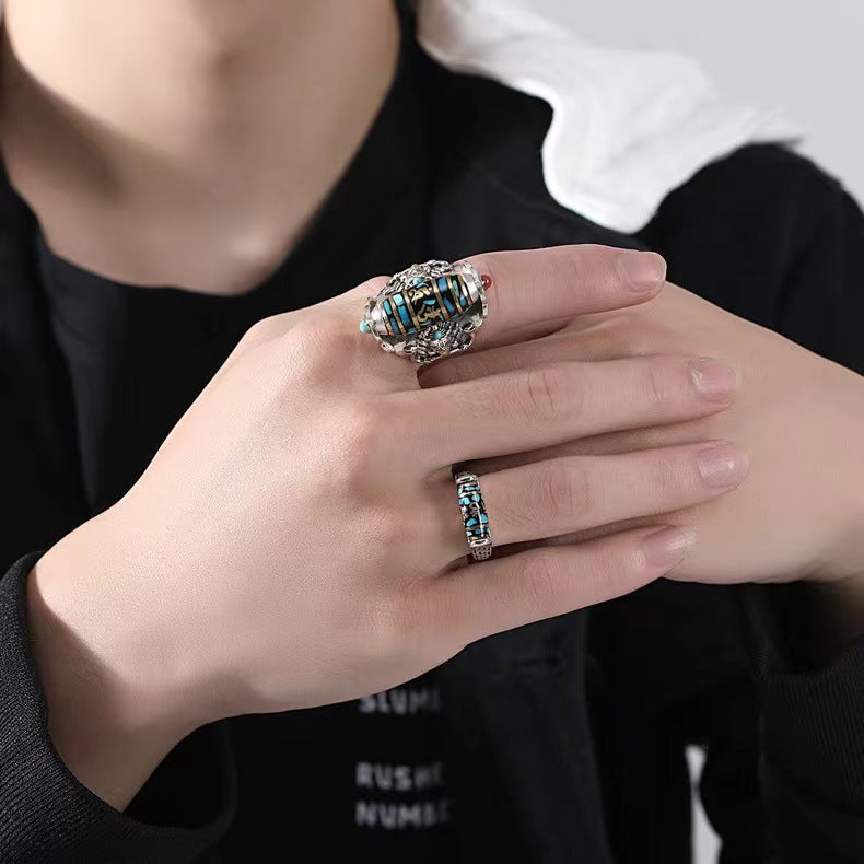 Six-character mantra dzi dzi turn ring men's national tide dapeng bird personality couple ring ring