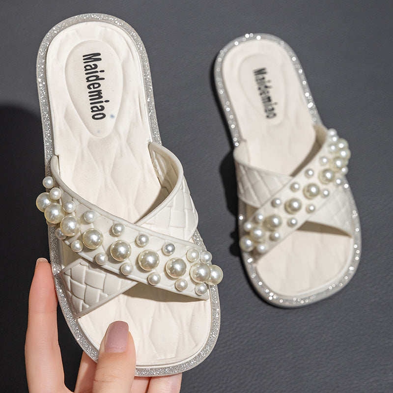 2025 New Kids Fashion Pearl Slippers Wholesale Summer Wear Non Slip Girls Indoor Soft Sole Princess Flip Flops