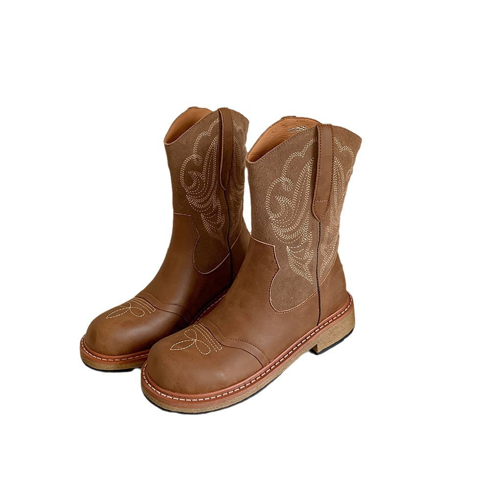 British style vintage embroidered western cowboy boots for women 2024 new autumn Maillard knight booties martin boots