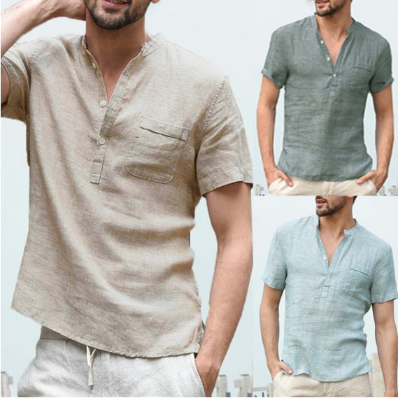 European and American hot sale men's solid color stand-up collar semi-open thin short-sleeved shirt tops foreign trade men's clothing