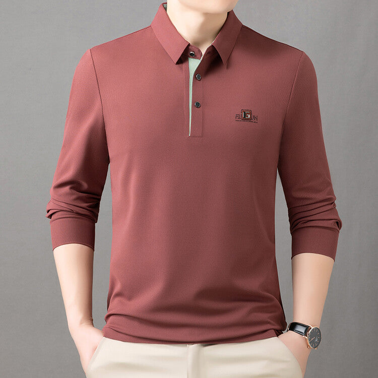 2025 Spring and Autumn Men's Polo Long Sleeve T-Shirt Simple Business Casual Loose Middle-Aged Dad Wear Top Base Shirt