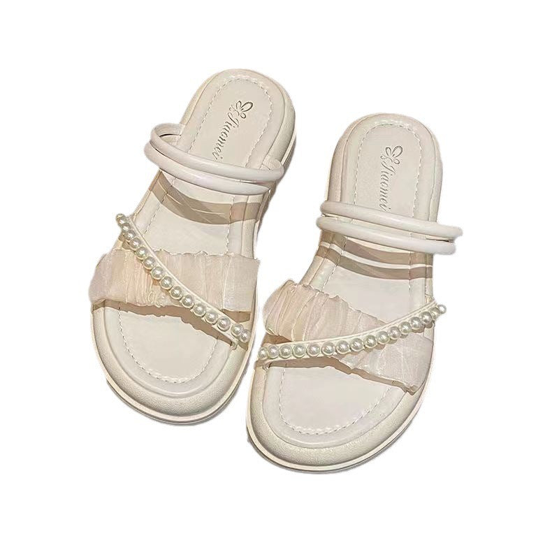 French high-end sandals for women 2025 new wear non-slip platform platform rhinestone pearl versatile slippers for women's summer