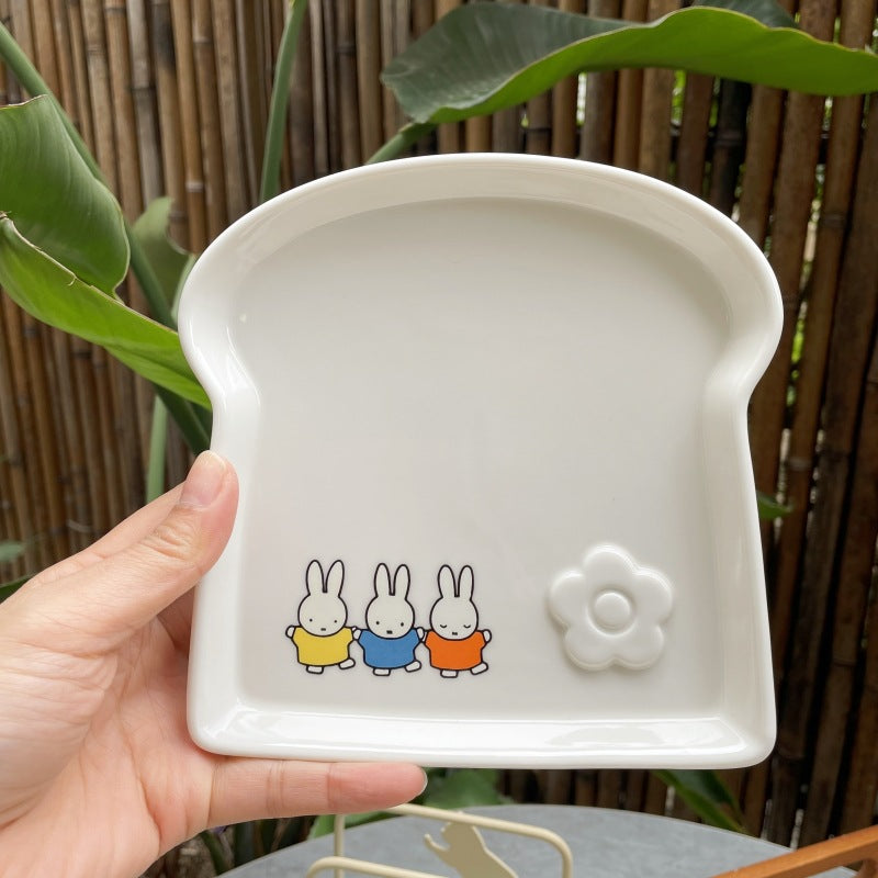 Soft and cute healing Miffy rabbit toast plate, cute rabbit toast shape ceramic plate, small flower flower Japanese dessert plate
