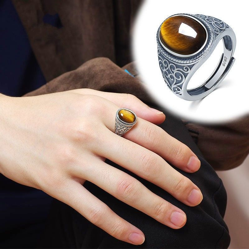 The new S925 silver tiger's eye stone live mouth men's ring retro style natural gift opening ring golden feeling