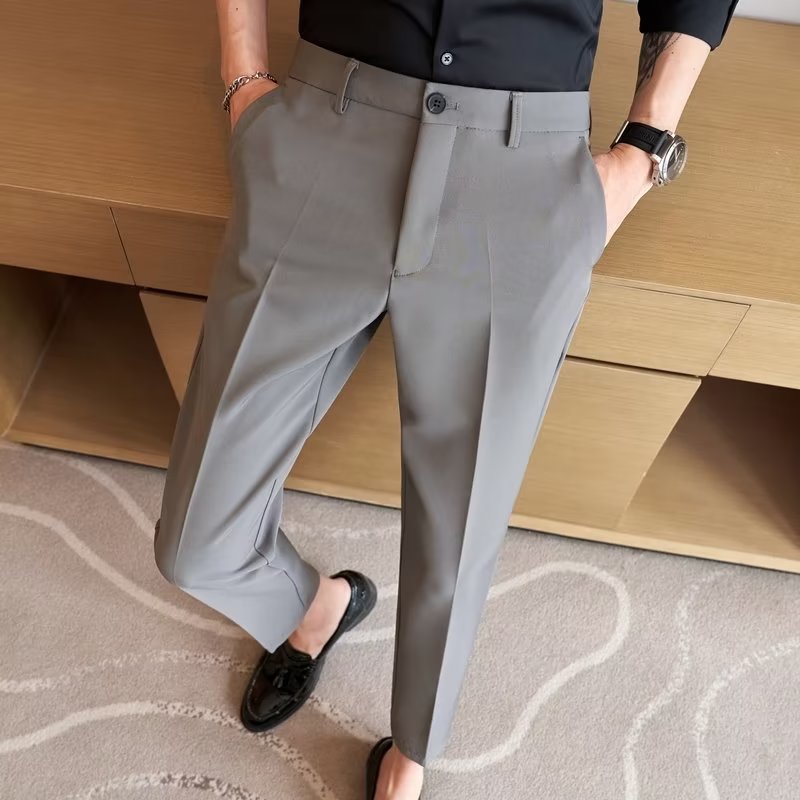 Foreign trade cut label small suit pants men's cropped slim straight slacks, ice silk men's drape black suit pants