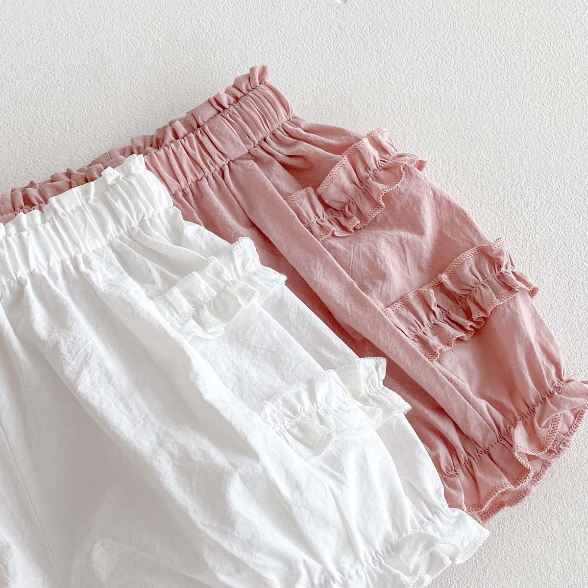 Baby summer thin cotton bud pants shorts, baby girls solid color fungus edge, sweet casual pants are versatile