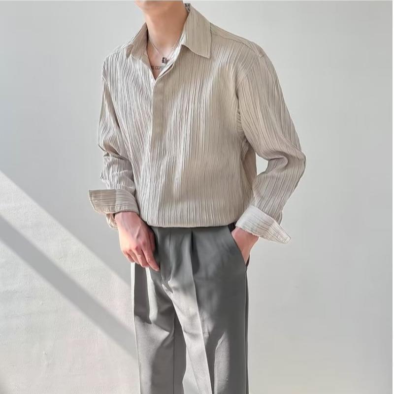 Textured tops Korean version loose casual long-sleeved shirt men's trendy handsome striped non-ironing shirt autumn
